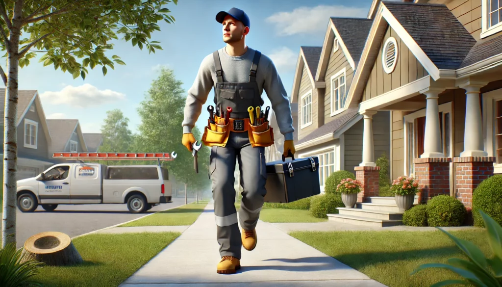 a man in a uniform carrying tools and a toolbox