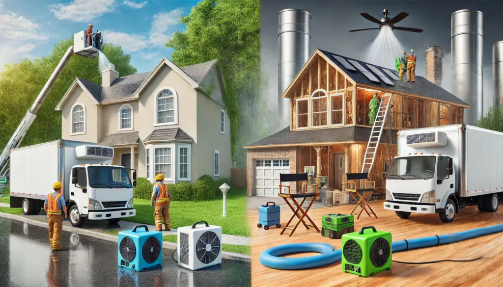 a house with a fan and a man standing on a ladder
