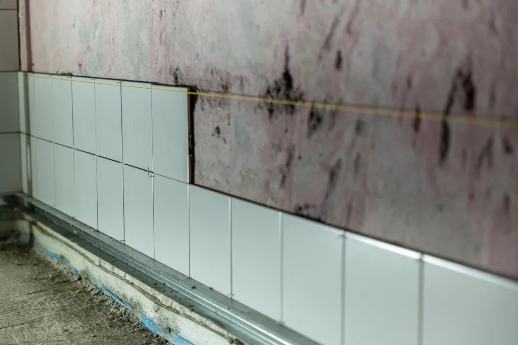 a wall with white tiles with mold