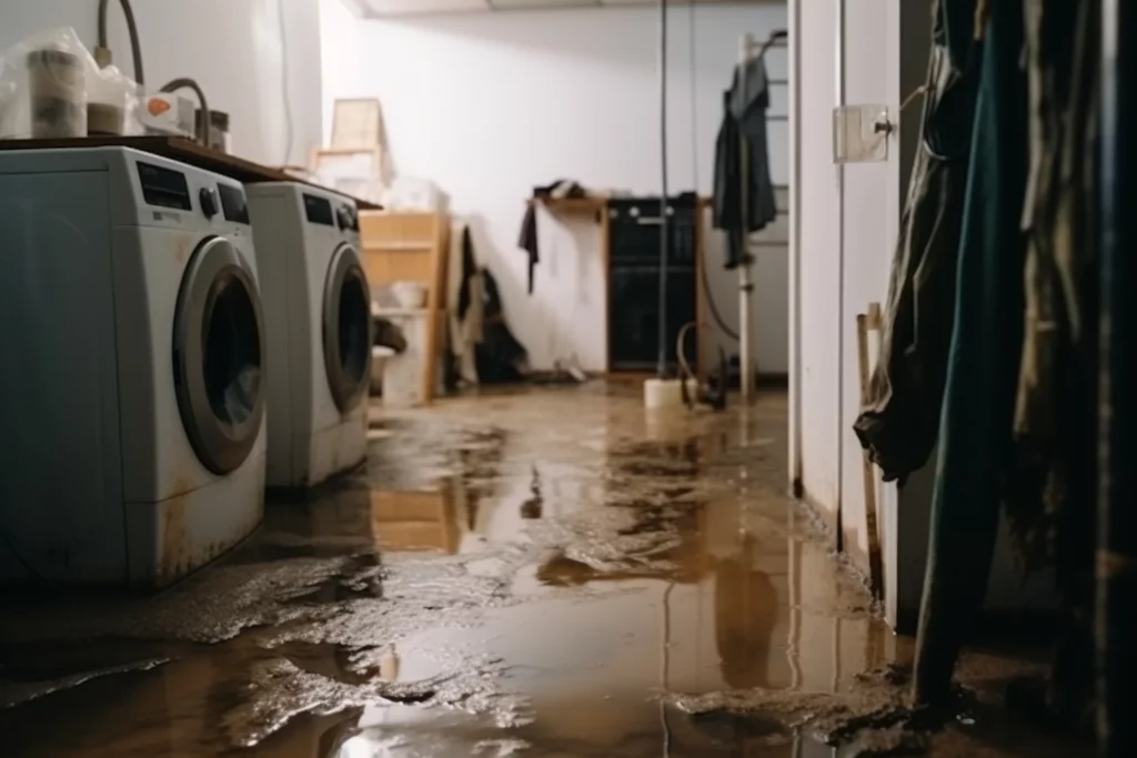 a flooded laundry room with washing machines and dryers